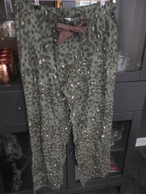 Olive Green Leopard Print Lounge Pants with Cream Accents